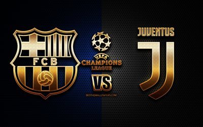 Barcelona vs Juventus, season 2020-2021, Group G, UEFA Champions League, metal grid backgrounds, golden glitter logo, FC Barcelona, Juventus FC, UEFA