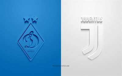 FC Dynamo Kyiv vs Juventus FC, UEFA Champions League, Group G, 3D logos, blue white background, Champions League, football match, FC Dynamo Kyiv, Juventus FC