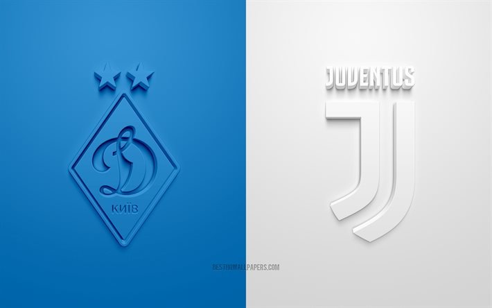 FC Dynamo Kiev vs Juventus FC, LIGUE DES CHAMPIONS DE L’UEFA, Groupe G, Logos 3D, fond blanc bleu, Ligue des Champions, match de football, FC Dynamo Kiev, Juventus FC