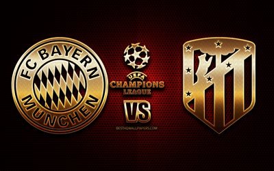 Bayern Munchen vs Atletico Madrid, season 2020-2021, Group A, UEFA Champions League, metal grid backgrounds, golden glitter logo, FC Bayern Munich, Atletico Madrid FC, UEFA