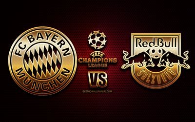 Bayern Munchen vs RB Salzburg, season 2020-2021, Group A, UEFA Champions League, metal grid backgrounds, golden glitter logo, FC Bayern Munich, RasenBallsport Leipzig, UEFA
