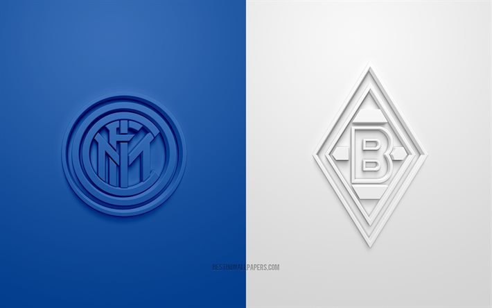 Internazionale vs Borussia Monchengladbach, UEFA Champions League, Group B, 3D logos, blue white background, Champions League, Inter Milan vs Borussia Monchengladbach, FC Internazionale, Borussia Monchengladbach