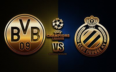 Borussia Dortmund vs Bruges, saison 2020-2021, Groupe F, Ligue des Champions de l’UEFA, fonds de grille m&#233;tallique, logo paillettes d’or, BVB, Club Brugge KV, UEFA