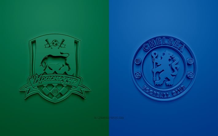 FC Krasnodar vs Chelsea FC, UEFA Champions League, Group B, 3D logos, green-blue background, Champions League, football match, Chelsea FC, FC Krasnodar