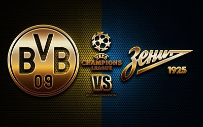 Borussia Dortmund vs Zenit, season 2020-2021, Group F, UEFA Champions League, metal grid backgrounds, golden glitter logo, BVB, FC Zenit, UEFA