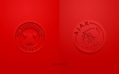 FC Midtjylland vs Ajax Amsterdam, UEFA Mestarien liiga, Ryhm&#228; D, 3D-logot, punainen tausta, Mestarien liiga, jalkapallo-ottelu, AFC Ajax, FC Midtjylland