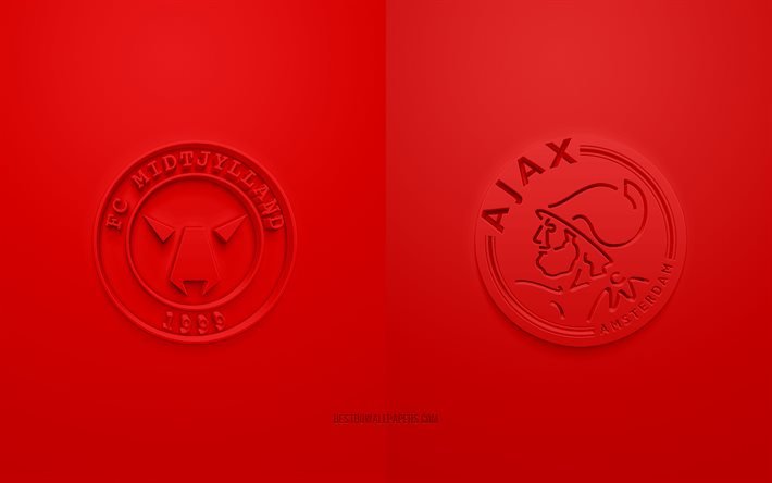 FC Midtjylland vs Ajax Amsterdam, UEFA Champions League, Grupo D, logotipos 3D, fondo rojo, Liga de Campeones, partido de f&#250;tbol, AFC Ajax, FC Midtjylland