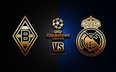 Borussia Monchengladbach vs Real Madrid, season 2020-2021, Group B, UEFA Champions League, metal grid backgrounds, golden glitter logo, Borussia Monchengladbach, Real Madrid CF, UEFA