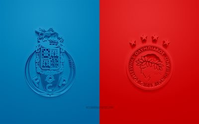 FC Porto vs Olympiacos, UEFA Champions League, Gruppo, loghi 3D, sfondo rosso blu, Champions League, partita di calcio, Olympiacos, FC Porto