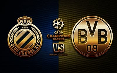 Brugge vs Borussia Dortmund, stagione 2020-2021, Gruppo F, UEFA Champions League, sfondi griglia metallica, logo glitter d&#39;oro, BVB, Club Brugge KV, UEFA