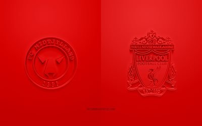 FC Midtjylland vs Liverpool FC, UEFA Champions League, Grupo D, logotipos 3D, fundo vermelho, Liga dos Campe&#245;es, partida de futebol, Liverpool FC, FC Midtjylland