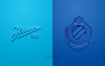 FC Zenit vs Brugge, UEFA Champions League, Group F, 3D logos, blue background, Champions League, football match, FC Zenit, Club Brugge