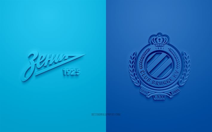 FC Zenit vs Brugge, UEFA Şampiyonlar Ligi, F Grubu, 3D logolar, mavi arka plan, Şampiyonlar Ligi, futbol ma&#231;ı, FC Zenit, Club Brugge
