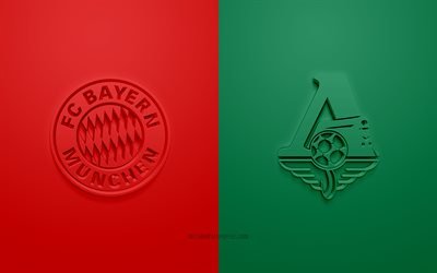 FC Bayern Munich vs FC Lokomotiv Moscow, UEFA Champions League, Group А, 3D logos, red background, Champions League, football match, FC Lokomotiv Moscow, FC Bayern Munich