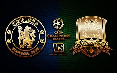 Chelsea vs Krasnodar, s&#228;song 2020-2021, Grupp E, UEFA Champions League, metall rutn&#228;t bakgrunder, gyllene glitter logotyp, Chelsea FC, FC Krasnodar, UEFA