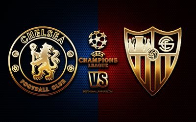 Chelsea vs Sevilla, season 2020-2021, Group E, UEFA Champions League, metal grid backgrounds, golden glitter logo, Chelsea FC, Sevilla FC, UEFA