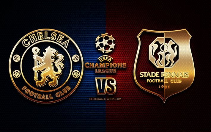 Chelsea vs Stade Rennais, season 2020-2021, Group E, UEFA Champions League, metal grid backgrounds, golden glitter logo, Chelsea FC, Stade Rennais FC, UEFA