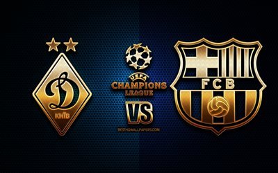 Dynamo Kyiv vs Barcelona, season 2020-2021, Group G, UEFA Champions League, metal grid backgrounds, golden glitter logo, FC Barcelona, FC Dynamo Kyiv, UEFA
