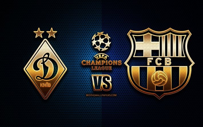 Dynamo Kyiv vs Barcelona, stagione 2020-2021, Gruppo G, UEFA Champions League, sfondi griglia metallica, logo glitter dorato, FC Barcelona, FC Dynamo Kyiv, UEFA