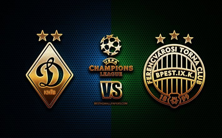Dynamo Kyiv - Ferencvaros, 2020-2021 sezonu, G Grubu, UEFA Şampiyonlar Ligi, metal ızgara arka planları, altın yaldız logo, Ferencvaros TC, FC Dynamo Kyiv, UEFA