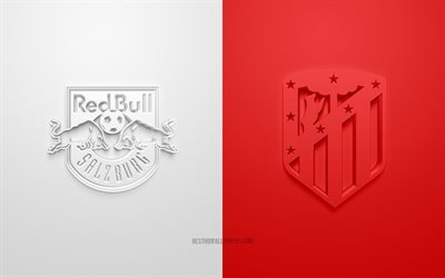 Red Bull Salzburg vs Atletico Madrid, UEFA Champions League, Group А, 3D logos, white-red background, Champions League, football match, Atletico Madrid, Red Bull Salzburg