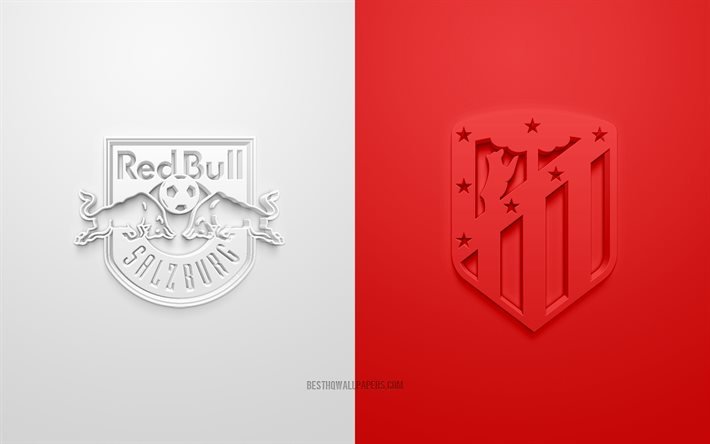 Red Bull Salzburg vs Atletico Madrid, Ligue des Champions de l&#39;UEFA, Groupe А, logos 3D, fond blanc-rouge, Ligue des Champions, match de football, Atletico Madrid, Red Bull Salzburg
