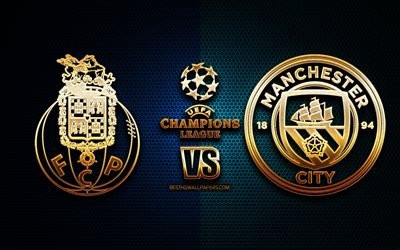 Porto vs Manchester City, season 2020-2021, Group C, UEFA Champions League, metal grid backgrounds, golden glitter logo, FC Porto, Manchester City FC, UEFA