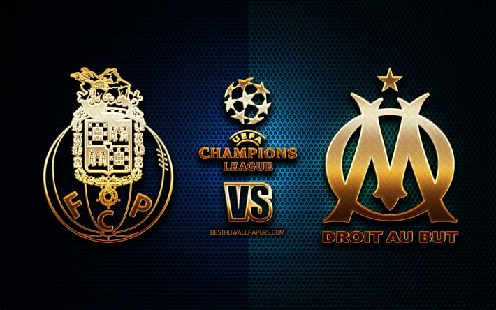 Porto vs Olympique Marsilya, sezon 2020-2021, C Grubu, UEFA Şampiyonlar Ligi, metal ızgara arka planlar, altın glitter logosu, FC Porto, Olympique Marsilya FC, UEFA
