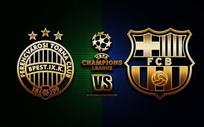Ferencvaros vs Barcelona, season 2020-2021, Group G, UEFA Champions League, metal grid backgrounds, golden glitter logo, FC Barcelona, Ferencvaros TC, UEFA