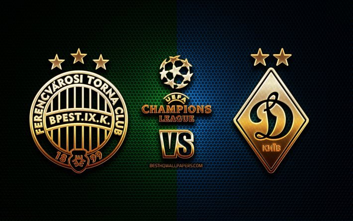 Ferencvaros vs Dynamo Kyiv, season 2020-2021, Group G, UEFA Champions League, metal grid backgrounds, golden glitter logo, Ferencvaros TC, FC Dynamo Kyiv, UEFA