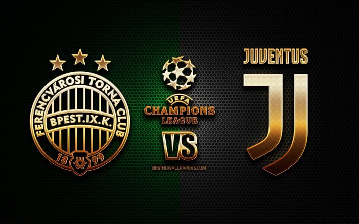Ferencvaros vs Juventus, sezon 2020-2021, G Grubu, UEFA Şampiyonlar Ligi, metal ızgara arka planlar, altın glitter logosu, Juventus FC, Ferencvaros TC, UEFA