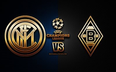 Inter Milan vs Borussia Monchengladbach, sezon 2020-2021, B Grubu, UEFA Şampiyonlar Ligi, metal ızgara arka planlar, altın glitter logosu, Internazionale, Borussia Monchengladbach, UEFA