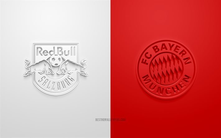 Red Bull Salzbourg vs Bayern Munich, LIGUE DES CHAMPIONS DE L’UEFA, Groupe А, Logos 3D, fond rouge blanc, Ligue des Champions, match de football, Bayern Munich FC, Red Bull Salzbourg