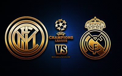 Inter Milan vs Real Madrid, sezon 2020-2021, Grup B, UEFA Şampiyonlar Ligi, metal ızgara arka planlar, altın glitter logosu, Internazionale, Real Madrid CF, UEFA