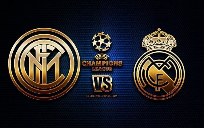 Inter Milan vs Real Madrid, saison 2020-2021, Groupe B, Ligue des Champions de l’UEFA, fonds de grille m&#233;tallique, logo paillettes d’or, Internazionale, Real Madrid CF, UEFA