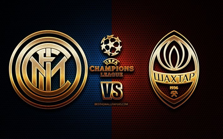 Inter Milan vs Shakhtar Donetsk, stagione 2020-2021, Gruppo B, UEFA Champions League, sfondi griglia metallica, logo glitter d&#39;oro, Internazionale, FC Shakhtar Donetsk, UEFA