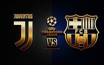 Juventus vs Barcelona, sezon 2020-2021, G Grubu, UEFA Şampiyonlar Ligi, metal ızgara arka planlar, altın glitter logosu, FC Barcelona, Juventus FC, UEFA
