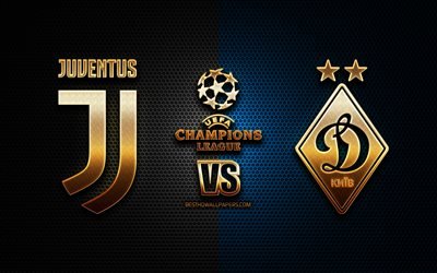Juventus vs Dinamo Kiev, sezon 2020-2021, G Grubu, UEFA Şampiyonlar Ligi, metal ızgara arka planlar, altın glitter logosu, FC Dinamo Kiev, Juventus FC, UEFA