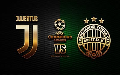 Juventus vs Ferencvaros, season 2020-2021, Group G, UEFA Champions League, metal grid backgrounds, golden glitter logo, Juventus FC, Ferencvaros TC, UEFA