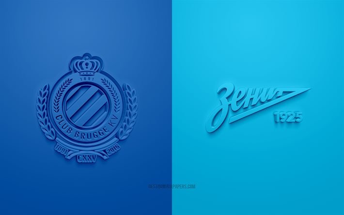 Brugge vs FC Zenit, UEFA Champions League, Grupo F, logotipos 3D, fundo azul, Liga dos Campe&#245;es, partida de futebol, Brugge, FC Zenit