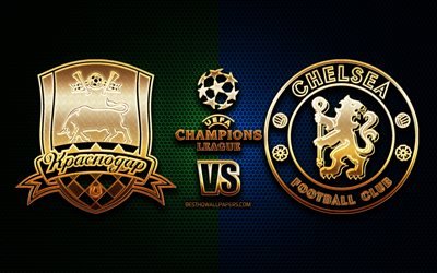 Krasnodar vs Chelsea, sezon 2020-2021, E Grubu, UEFA Şampiyonlar Ligi, metal ızgara arka planlar, altın glitter logosu, FC Krasnodar, Chelsea FC, UEFA