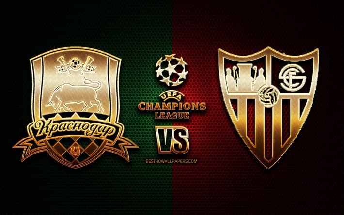 Krasnodar vs Sevilla, kausi 2020-2021, Ryhm&#228; E, UEFA Mestarien liiga, metalliruudukon taustat, kultainen glitter-logo, FC Krasnodar, Sevilla FC, UEFA