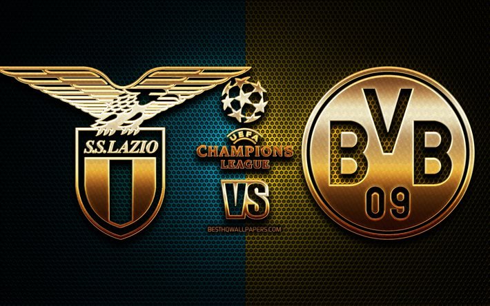 Lazio vs Borussia Dortmund, stagione 2020-2021, Gruppo F, UEFA Champions League, sfondi griglia metallica, logo glitter d&#39;oro, BVB, SS Lazio, UEFA
