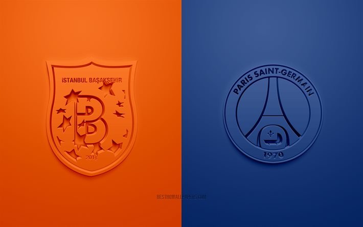 Istanbul Basaksehir vs PSG, UEFA Champions League, Grupo H, logotipos 3D, fundo azul-laranja, Liga dos Campe&#245;es, partida de futebol, Istanbul Basaksehir, Paris Saint-Germain