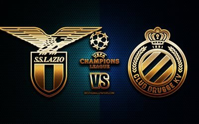Lazio vs Brugge, sezon 2020-2021, F Grubu, UEFA Şampiyonlar Ligi, metal ızgara arka planlar, altın glitter logosu, BVB, SS Lazio, UEFA