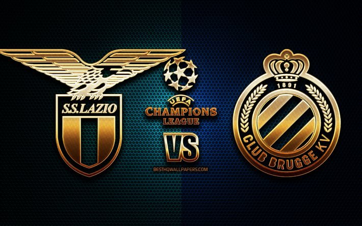 Lazio vs Brugge, sezon 2020-2021, F Grubu, UEFA Şampiyonlar Ligi, metal ızgara arka planlar, altın glitter logosu, BVB, SS Lazio, UEFA