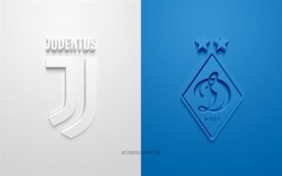 Juventus FC vs FC Dinamo Kiev, UEFA Şampiyonlar Ligi, G Grubu, 3D logolar, beyaz mavi arka plan, Şampiyonlar Ligi, futbol ma&#231;ı, Juventus FC, FC Dinamo Kiev