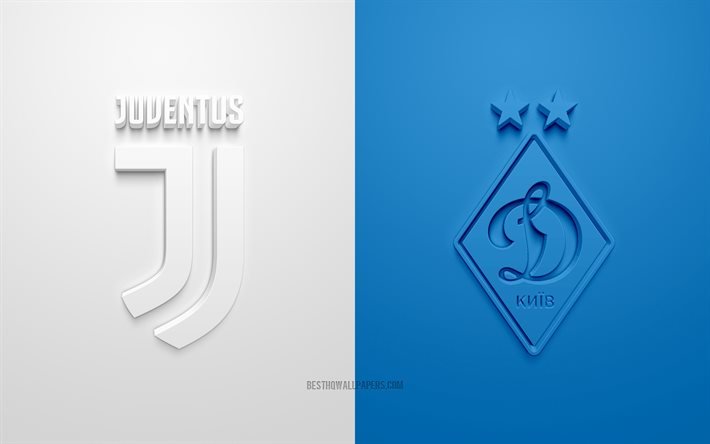 Juventus FC vs FC Dinamo Kiev, UEFA Şampiyonlar Ligi, G Grubu, 3D logolar, beyaz mavi arka plan, Şampiyonlar Ligi, futbol ma&#231;ı, Juventus FC, FC Dinamo Kiev