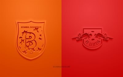 Istanbul Basaksehir vs RB Leipzig, UEFA Champions League, Group H, 3D logos, orange-red background, Champions League, football match, Istanbul Basaksehir, RB Leipzig