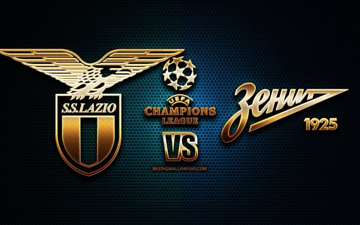 Lazio vs Zenit, sezon 2020-2021, F Grubu, UEFA Şampiyonlar Ligi, metal ızgara arka planlar, altın glitter logosu, FC Zenit, SS Lazio, UEFA